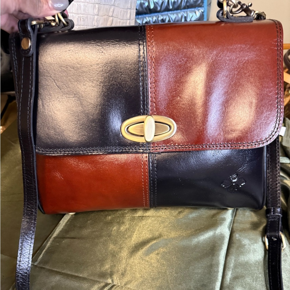 Patricia Nash Two-Tone Black and Brown Patchwork Leather Crossbody